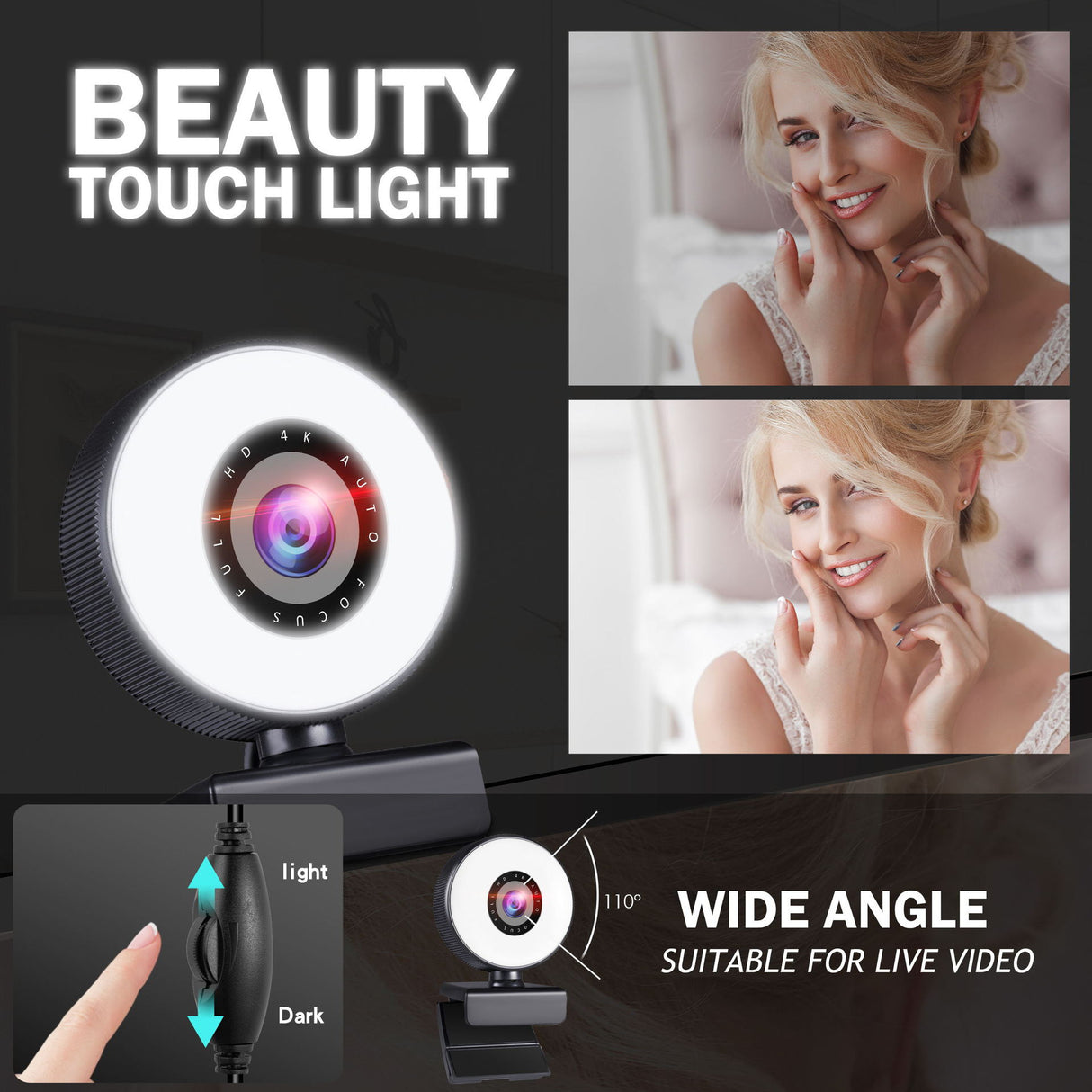 4k beauty autofocus 1080p computer camera high-definition touch USB live streaming webcam2k fill light - V.I.P Digital Presence
