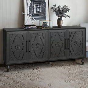 Carved Flower Door Large Storage Cabinet With Metal Handle Suitable For Living Room, Kitchen, Entryway(BLACK) - V.I.P Digital Presence