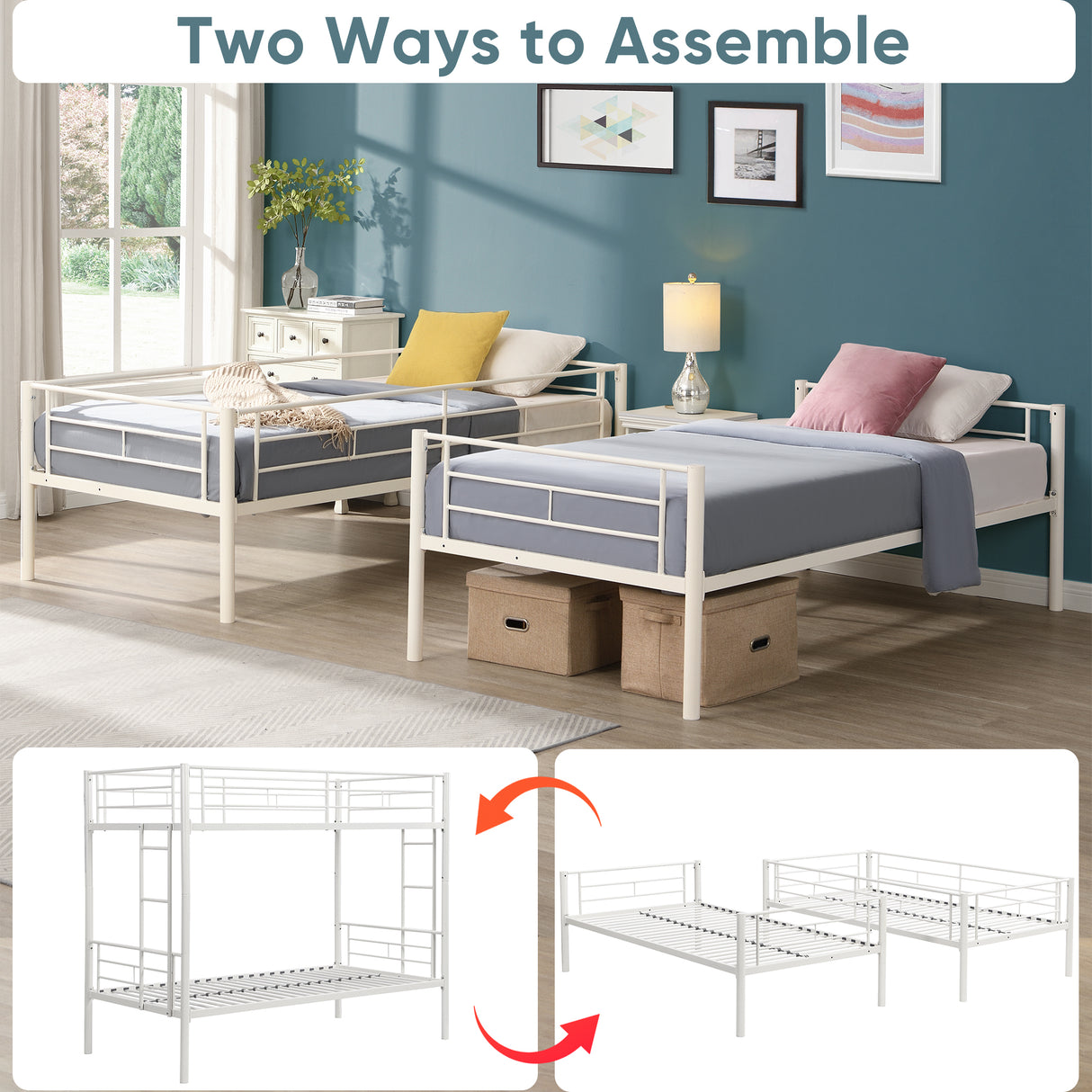 Twin metal bunk beds, metal structure bed frame with safety guardrails and 2 ladders, convertible bunk beds, white - V.I.P Digital Presence