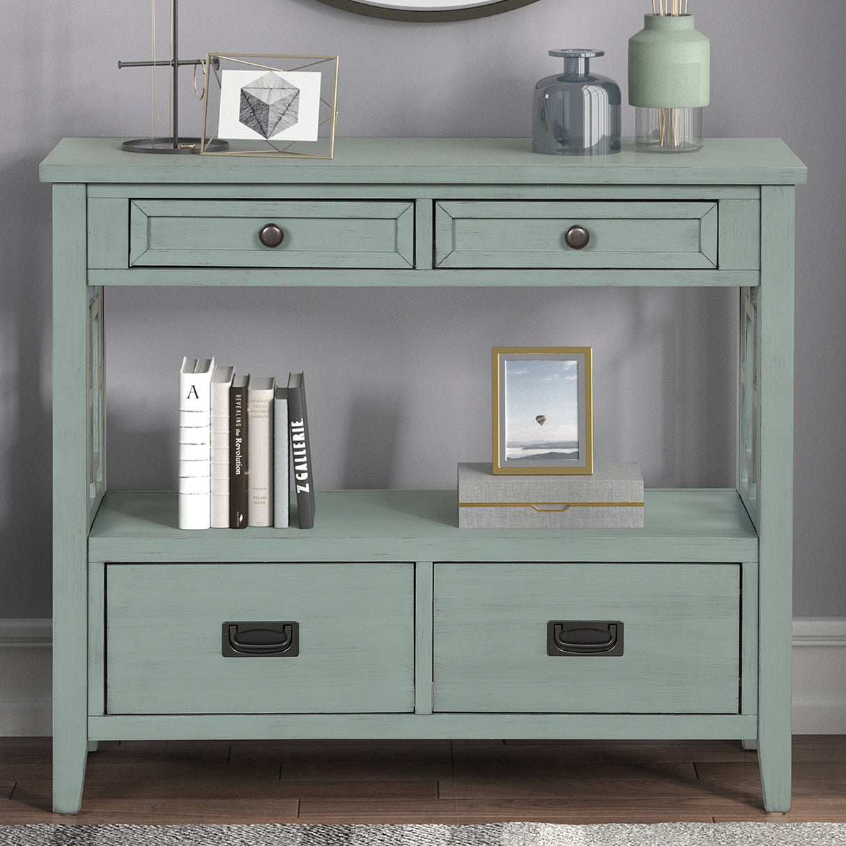 36'' Farmhouse Pine Wood Console Table Entry Sofa Table with 4 Drawers & 1 Storage Shelf (Retro Blue) - V.I.P Digital Presence