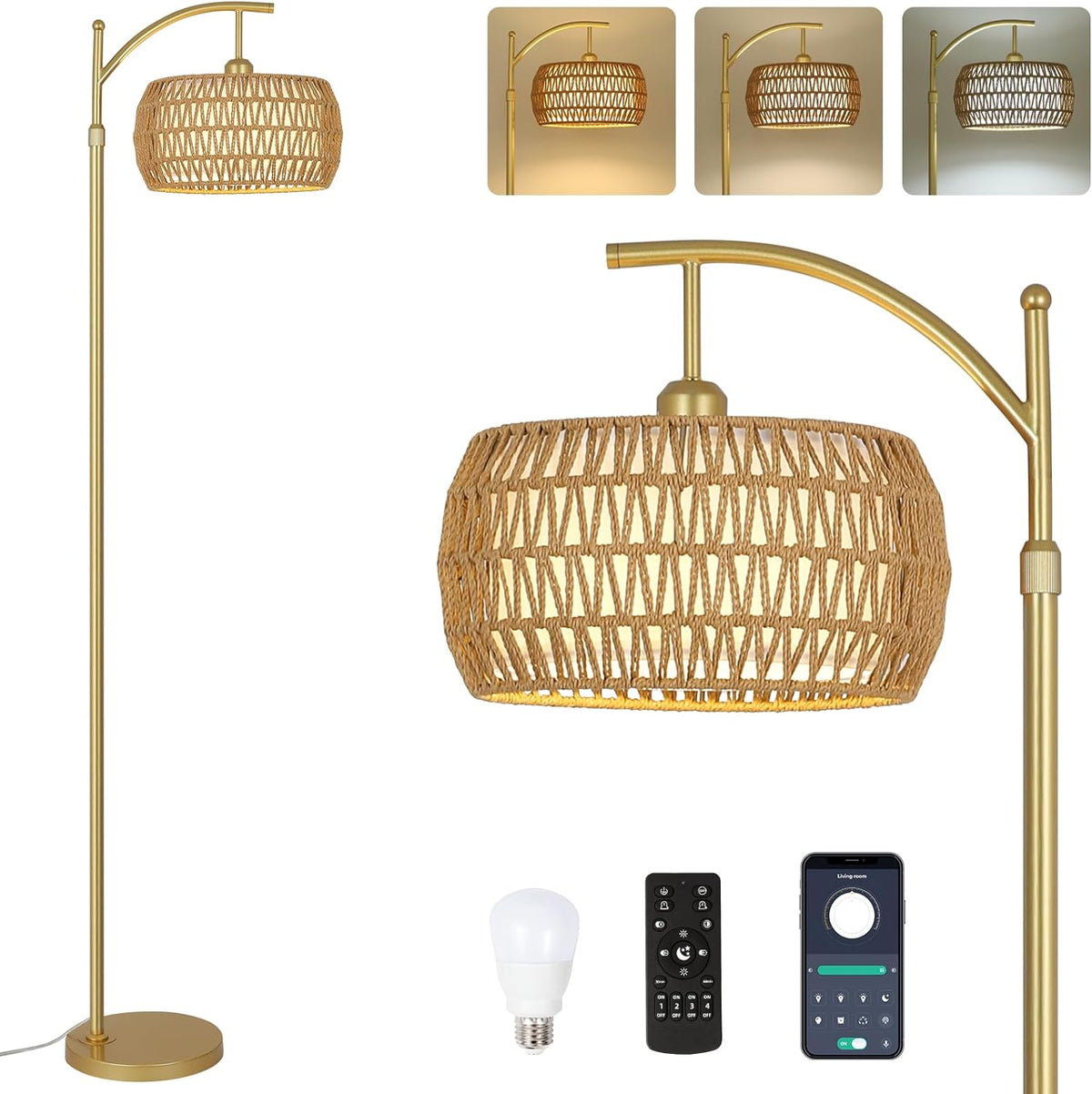 Arc Floor Lamp with 3 Color Temperatures, LED Gold Floor Lamp with Remote & Stepless Dimmable Bulb, Boho Standing Lamp - V.I.P Digital Presence