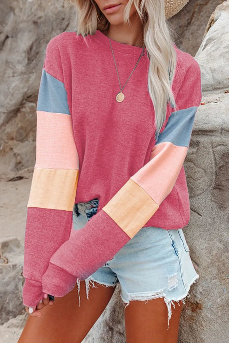 Color Block Round Neck Long Sleeve Sweatshirt - V.I.P Digital Presence