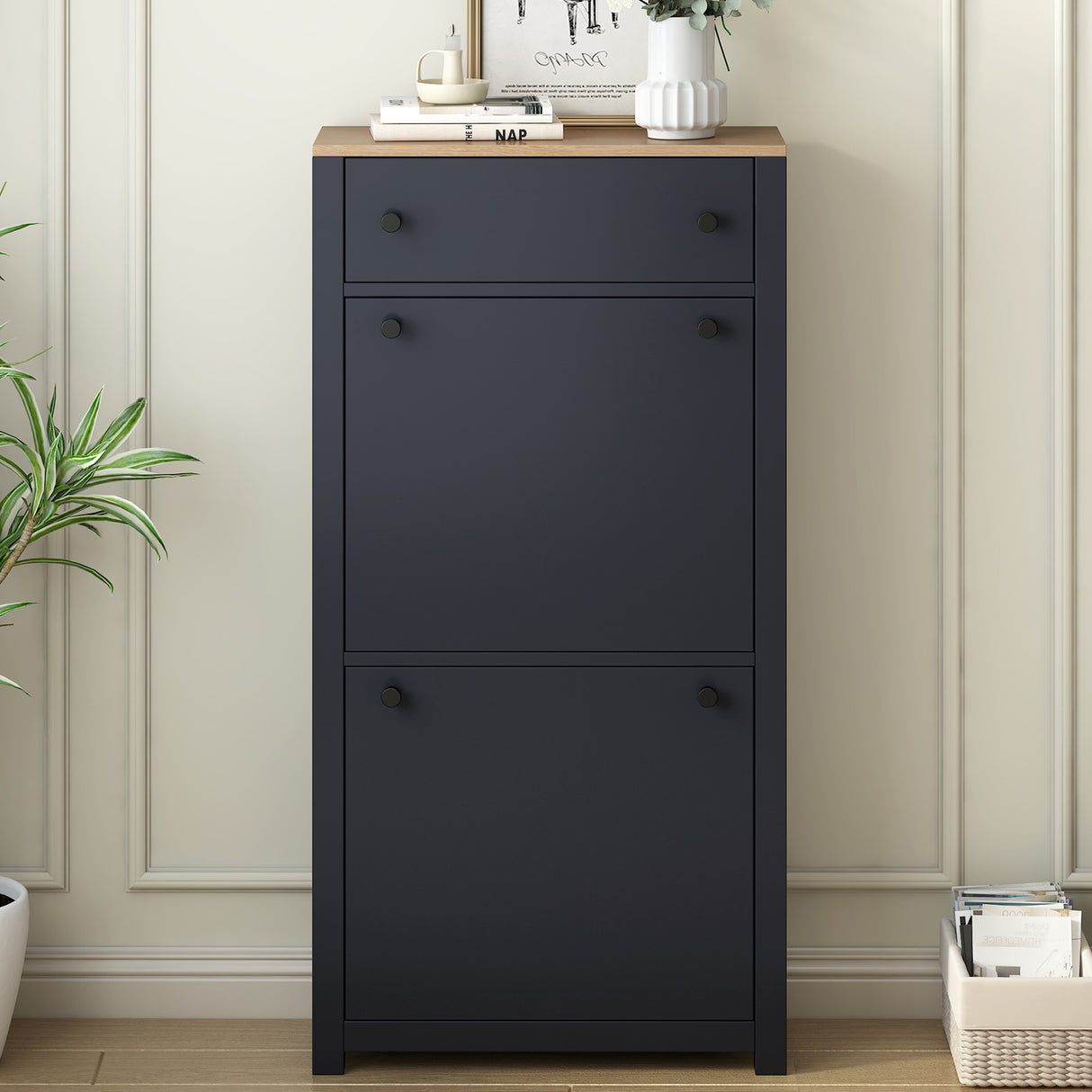 ONTREND with 2 flip drawers, top shoe cabinet with drawers, independent shoe rack with adjustable panel, for hallway use, black - V.I.P Digital Presence
