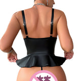 New Women's Lacquer Leather Strap Binding Hollow Out Non Detachable Sex Underwear Set - V.I.P Digital Presence