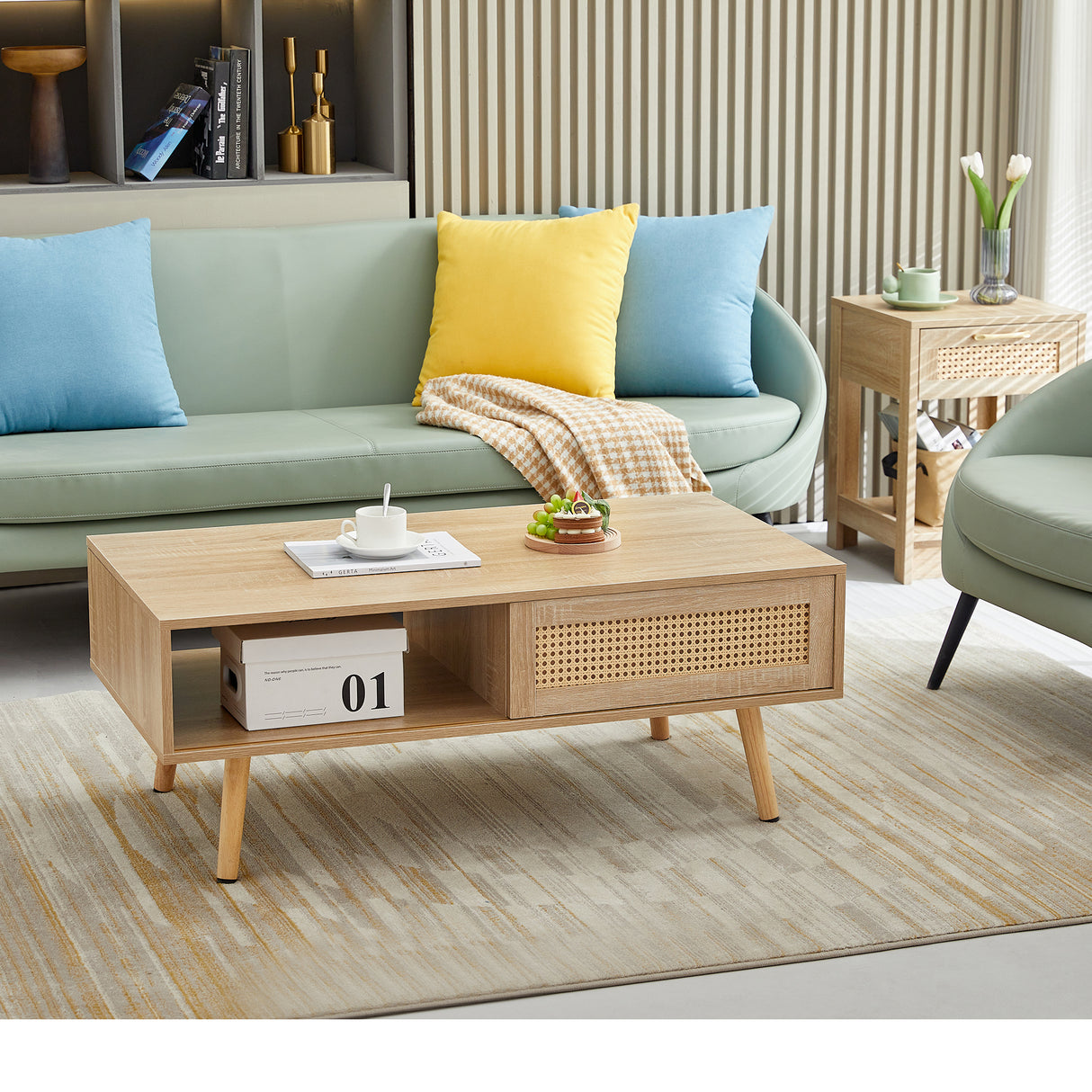 41.34" Rattan Coffee table sliding door for storage solid wood legs Modern table for living room  natural - V.I.P Digital Presence