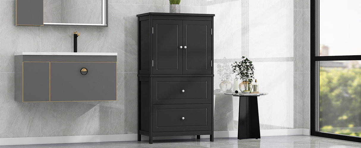 Bathroom Storage Cabinet, Cabinet with Two Doors and Drawers, Adjustable Shelf, MDF Board, Black - V.I.P Digital Presence