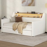 Twin Size Daybed with Drawers, Upholstered Daybed with Charging Station and LED Lights, White - V.I.P Digital Presence