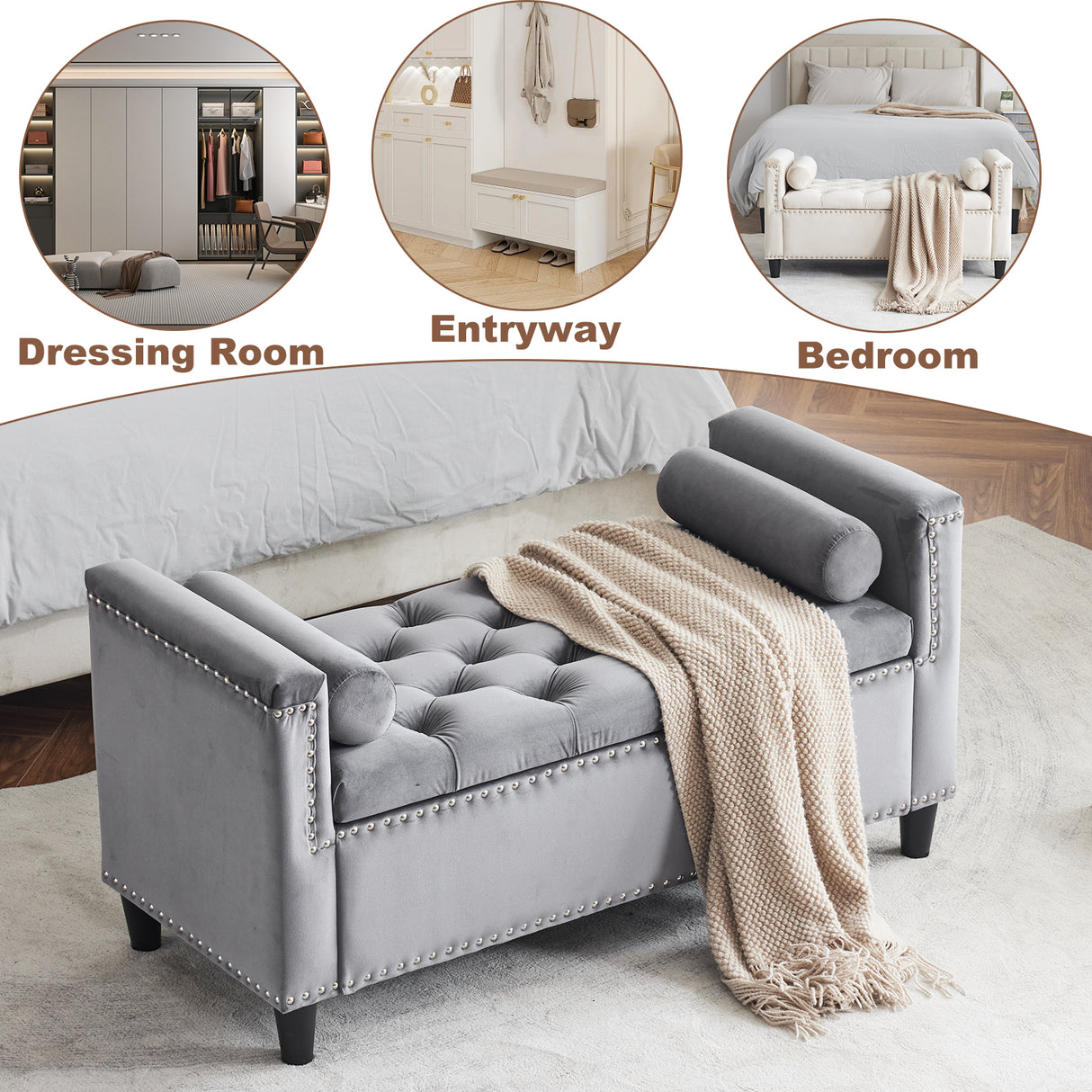 Storage Bench, 44.5-Inch Queen Velvet Button Bedside Bench, Entryway Living Room with Armrests, Nailhead Trim Gray - V.I.P Digital Presence