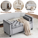 Storage Bench, 44.5-Inch Queen Velvet Button Bedside Bench, Entryway Living Room with Armrests, Nailhead Trim Gray - V.I.P Digital Presence