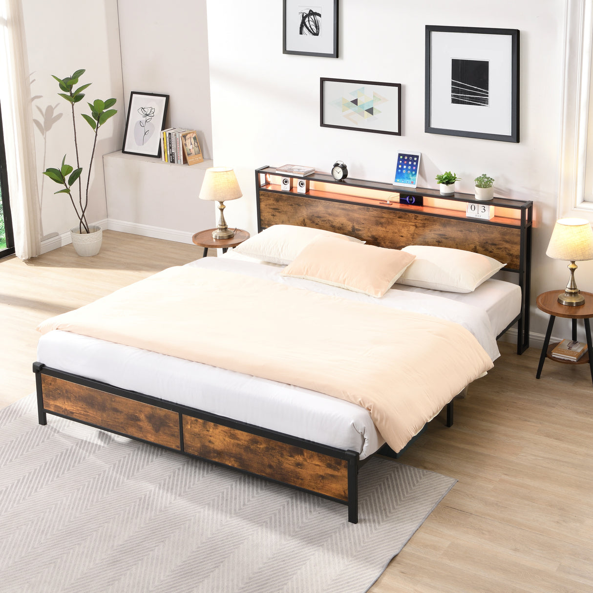 Industrial extra large bed frame with LED lights and 2 USB ports, extra large bed frame with storage space, rural brown color - V.I.P Digital Presence