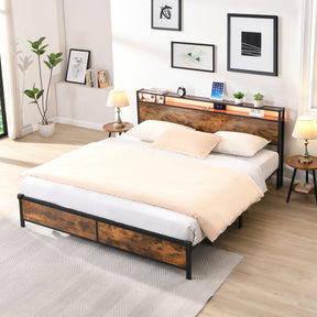 Industrial extra large bed frame with LED lights and 2 USB ports, extra large bed frame with storage space, rural brown color - V.I.P Digital Presence