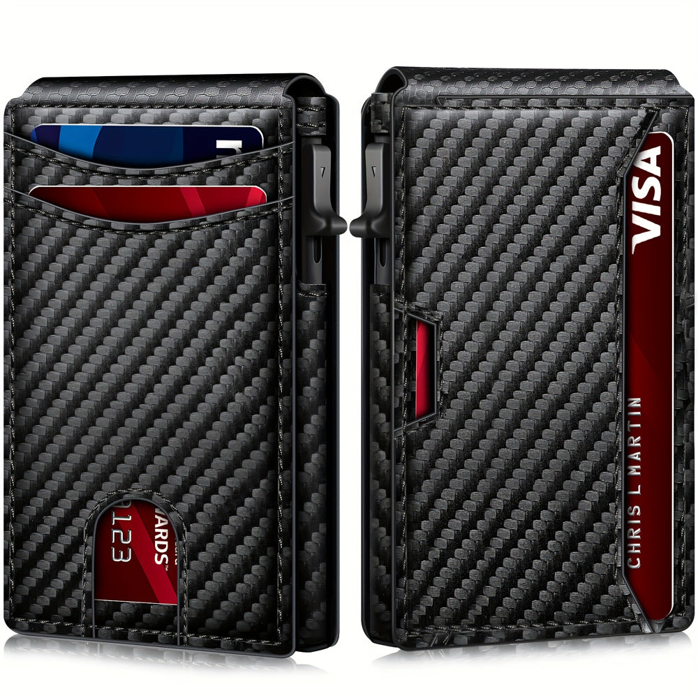 Carbon fiber patterned men's wallet wallet two fold flip card box anti-theft brush wallet magnetic suction side push card bag - V.I.P Digital Presence