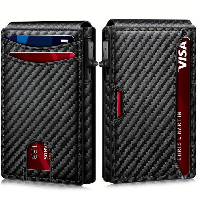 Carbon fiber patterned men's wallet wallet two fold flip card box anti-theft brush wallet magnetic suction side push card bag - V.I.P Digital Presence
