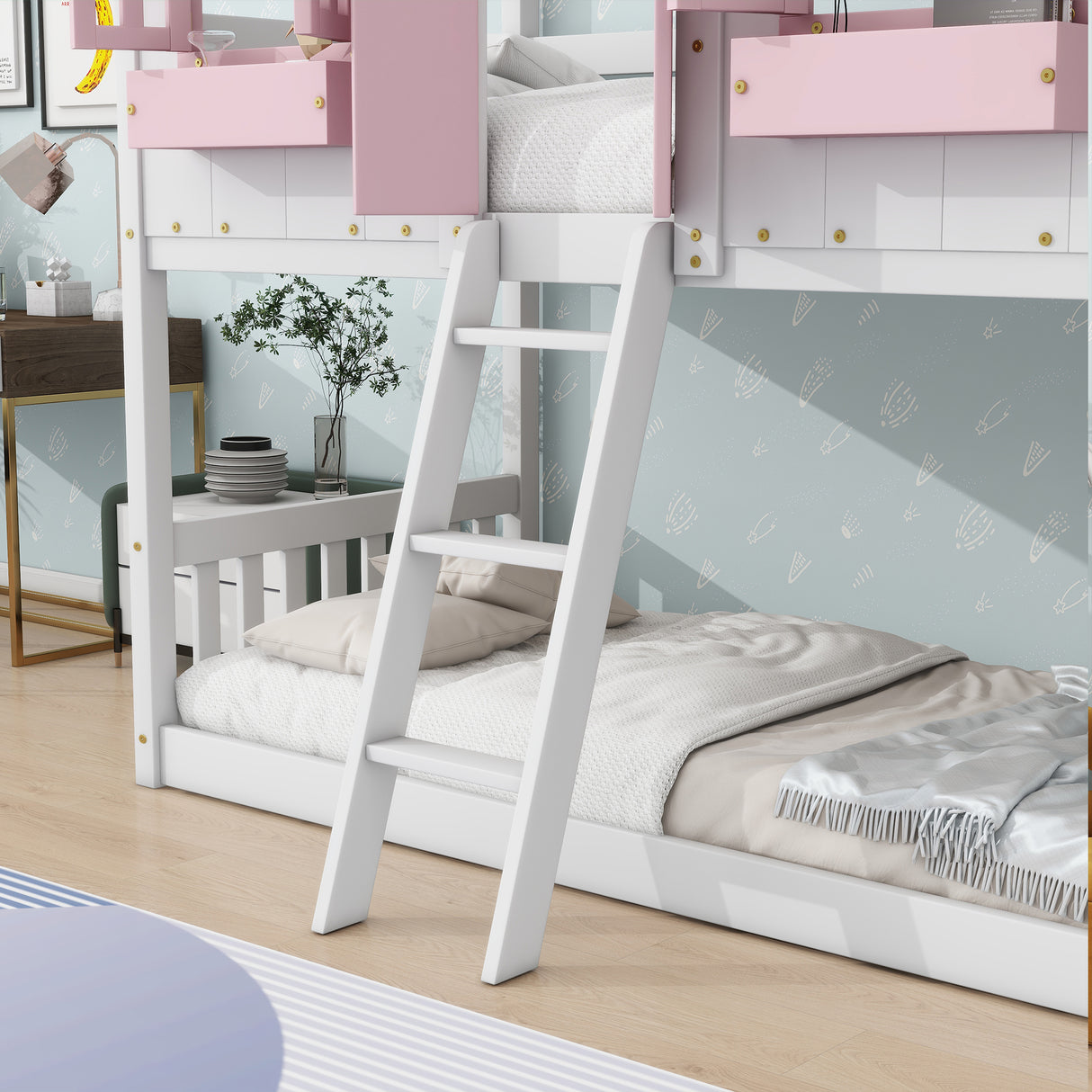 Twin over Twin House Bunk Bed with Roof , Window, Window Box, Door , with Safety Guardrails and Ladder, Pink/White - V.I.P Digital Presence
