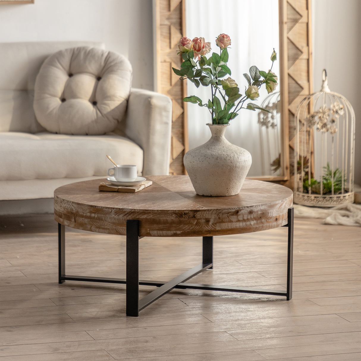 31.29"Modern Retro Splicing Round Coffee Table  Fir Wood Table Top with Cross Legs Metal Base(Same SKU:W757123560)