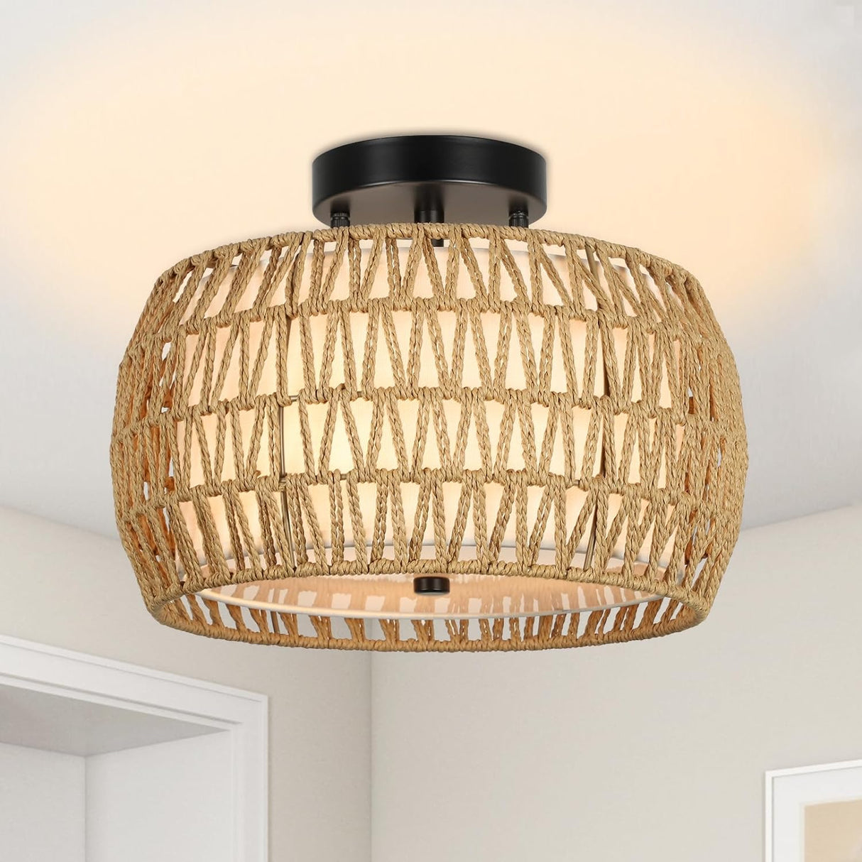 Boho Light Fixtures Ceiling Mount, Rattan Semi Flush Mount Ceiling Light, Farmhouse Light Fixtures with Fabric Shades - V.I.P Digital Presence