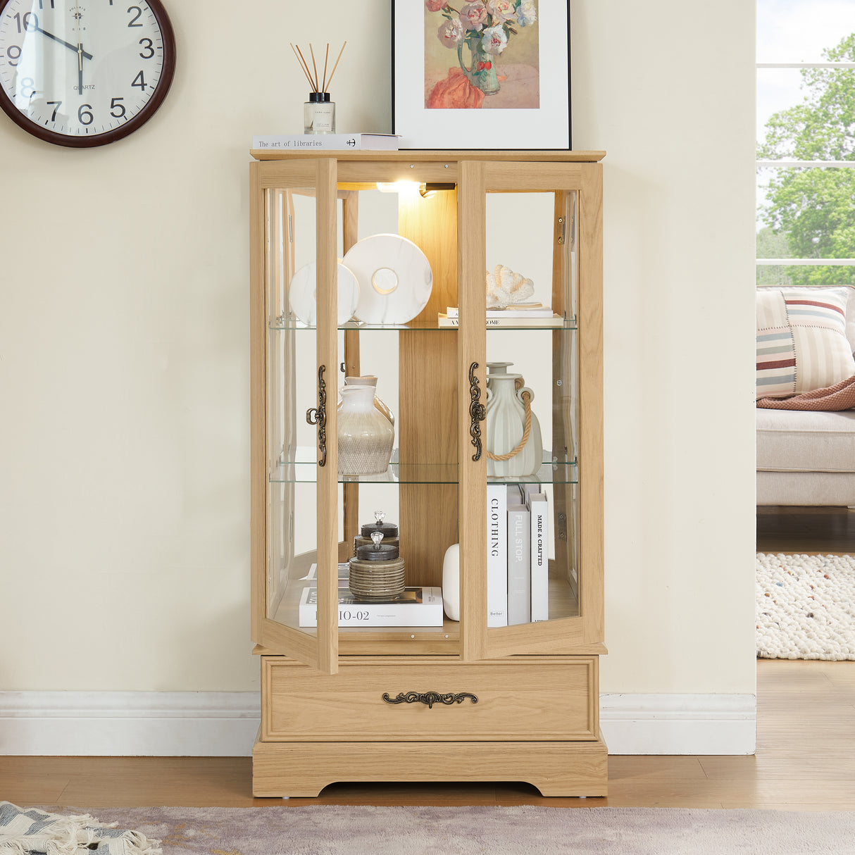Light colored glass cabinet with adjustable glass frame, including cabinet light bulbs OAK with 2 doors and 1 drawer - V.I.P Digital Presence