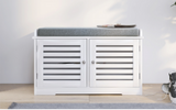 Shoe Storage Bench with Padded Seat Cushion, Entryway Bench with 2 Barn Doors-White - V.I.P Digital Presence