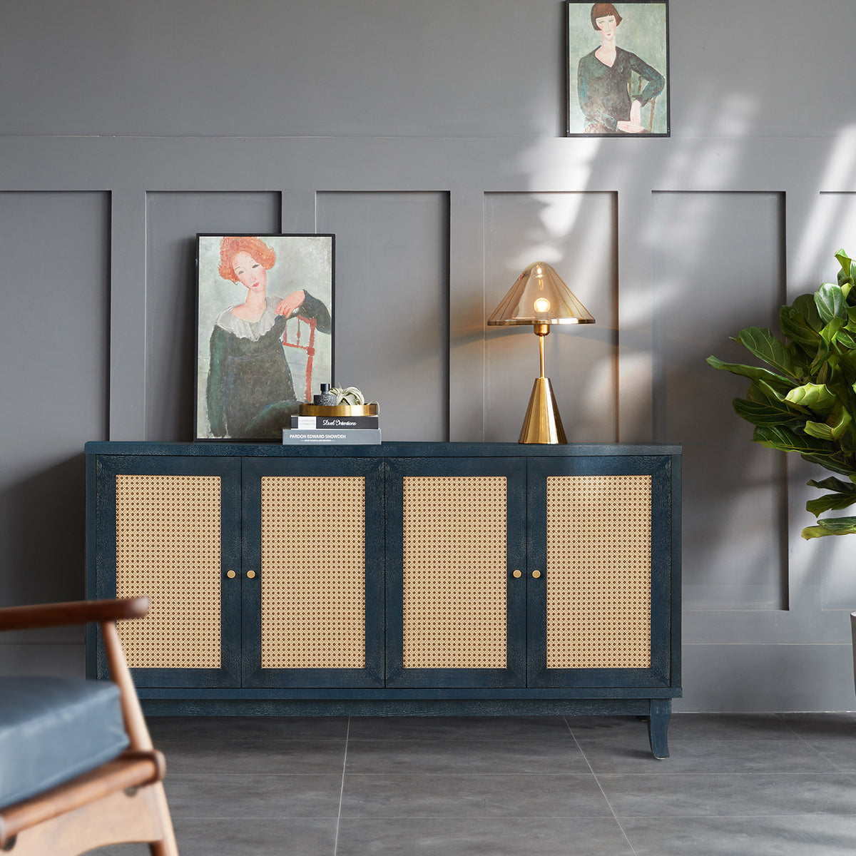 Handcrafted Premium Grain Panels Rattan Sideboard Buffer Cabinet Accent Storage Cabinet With 4 Rattan Doors BLUE - V.I.P Digital Presence