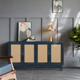 Handcrafted Premium Grain Panels Rattan Sideboard Buffer Cabinet Accent Storage Cabinet With 4 Rattan Doors BLUE - V.I.P Digital Presence