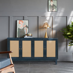 Handcrafted Premium Grain Panels Rattan Sideboard Buffer Cabinet Accent Storage Cabinet With 4 Rattan Doors BLUE - V.I.P Digital Presence