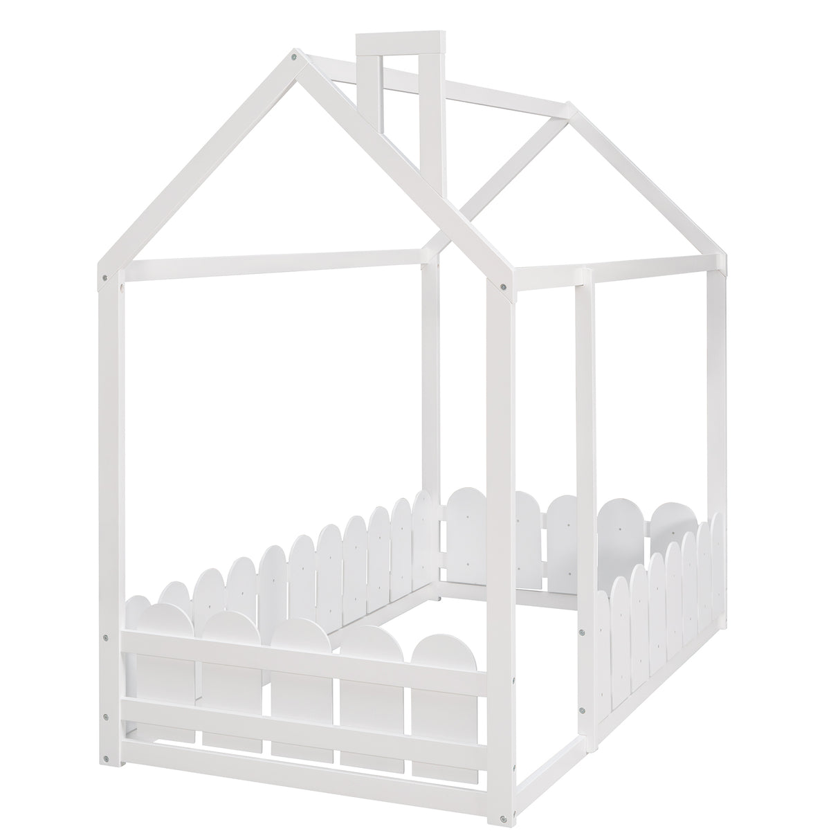 {Slats are not included}Twin Size Wood Bed House Bed Frame with Fence for KidsTeens Girls Boys {White}