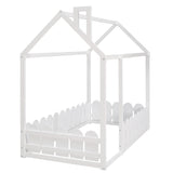 {Slats are not included}Twin Size Wood Bed House Bed Frame with Fence for KidsTeens Girls Boys {White}