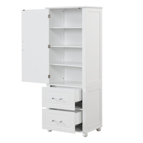Tall bathroom storage cabinet with two drawers and adjustable shelves for independent storage - V.I.P Digital Presence