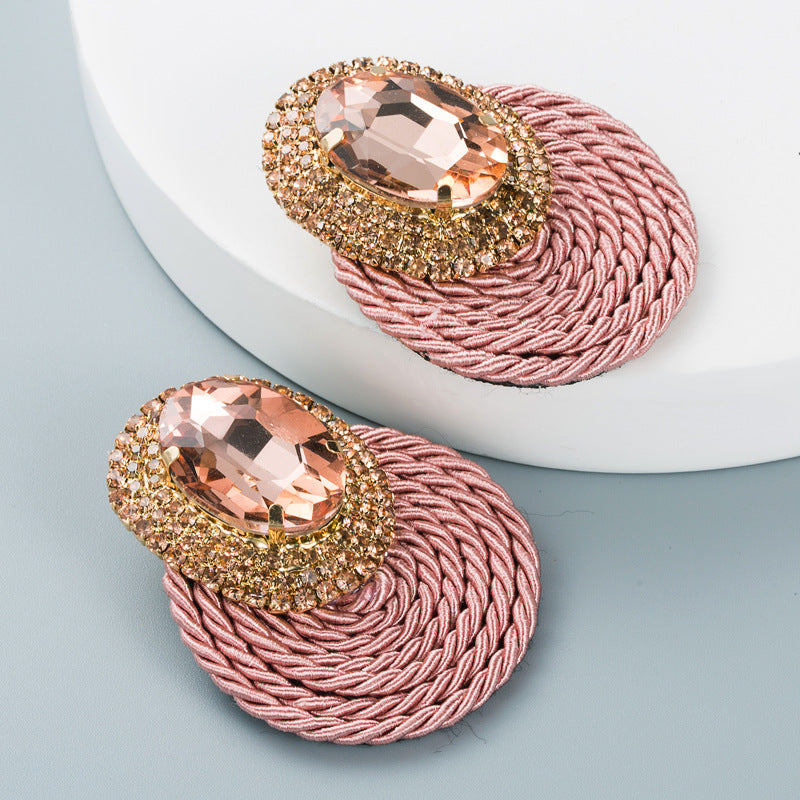 European And American Style Colored Diamond Series Personality Exaggerated Oval Glass Diamond Earrings Handmade Line Braided Earrings - V.I.P Digital Presence