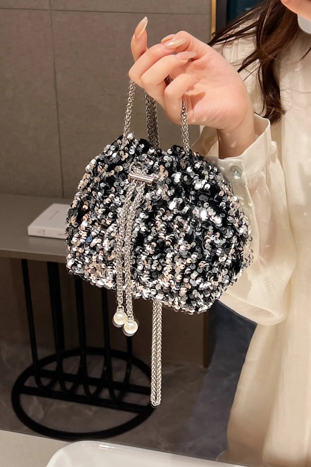 Sequin Chain Drawstring Bucket Bag - V.I.P Digital Presence