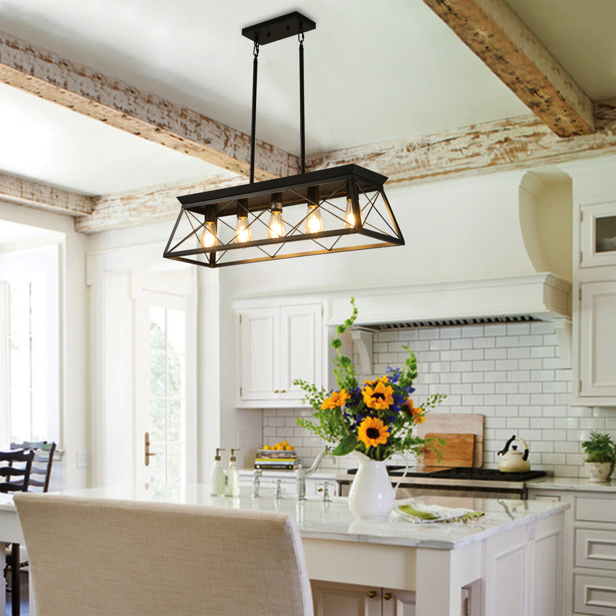 5-light farmhouse pendant light, metal pendant light island fixture, modern rectangular island light, pure black (no bulb) - V.I.P Digital Presence