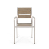 Outdoor Modern Aluminum Dining Chair with Faux Wood Seat (Set of 2), Natural and Silver - V.I.P Digital Presence