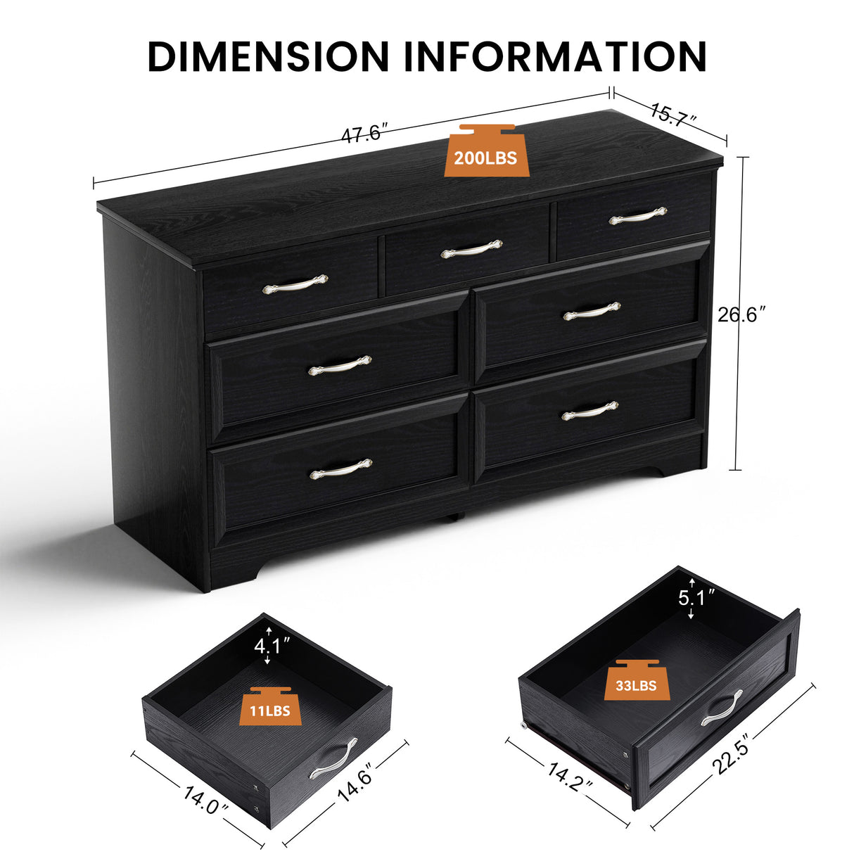 Modern 3 Drawer Bedroom Chest of Drawers with 7 Drawers Dresser, Clothes Organizer -Metal Pulls Black, 47.6″L x 15.7″W x 26.6″H - V.I.P Digital Presence