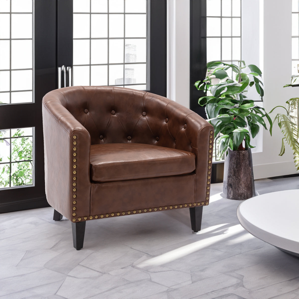 PU Leather Tufted Barrel ChairTub Chair for Living Room Bedroom Club Chairs - V.I.P Digital Presence