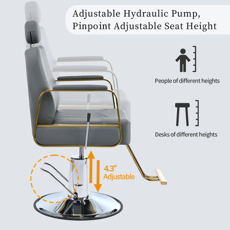 Advanced reclining hair salon chair with heavy-duty hydraulic pump, 360 ° rotation, maximum weight capacity of 400 pounds, Gray - V.I.P Digital Presence