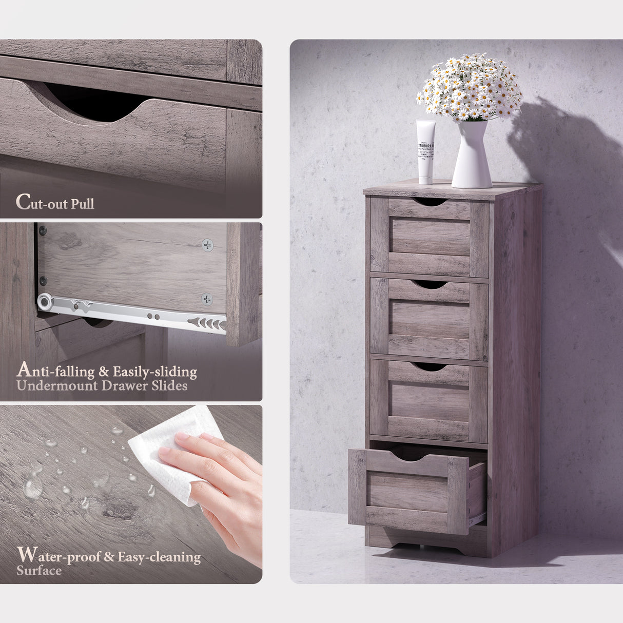 Floor Cabinet Wooden Storage Cabinet Home Office Living Room Bathroom Side Table Sturdy Modern 4 Drawers Grey - V.I.P Digital Presence