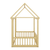 Twin Size Floor Wooden Bed with House Roof Frame and Safety Guardrails,Natural - V.I.P Digital Presence