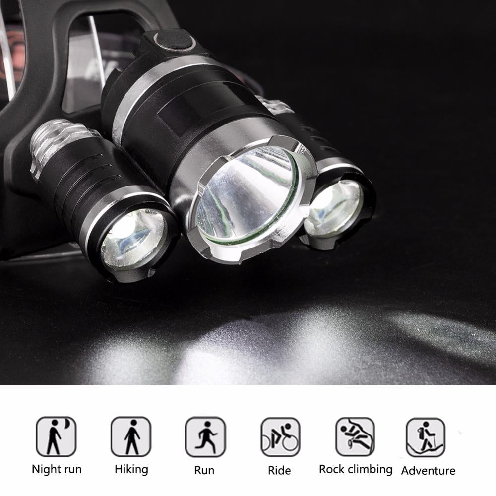 Linterna frontal XML T6 de 12000 lúmenes con 3 LED, 4 modos, 2 baterías 18650 y cargador USB 