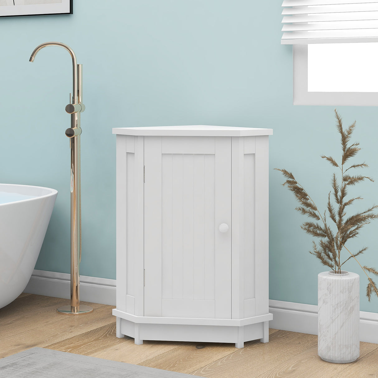 White Bathroom Cabinet Triangle Corner Storage Cabinet with Adjustable Shelf Modern Style MDF Board - V.I.P Digital Presence