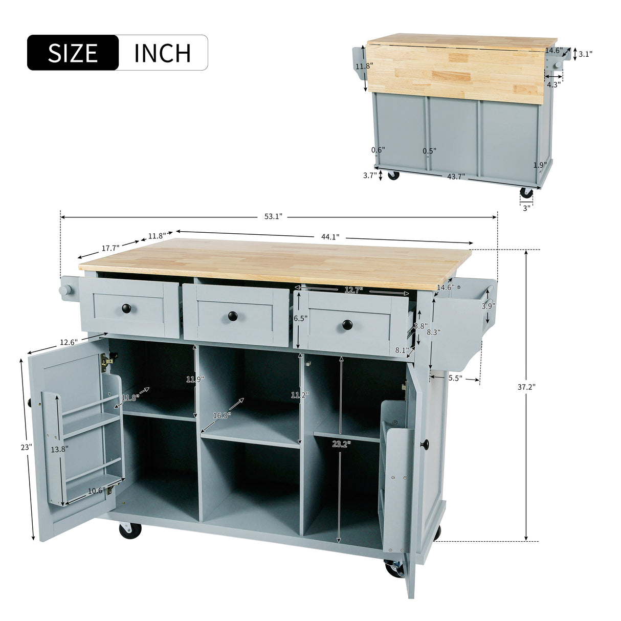 Kitchen handcart with rubber wood leaf countertop, storage cabinet, shelf, and 3 dining room drawers, gray blue - V.I.P Digital Presence