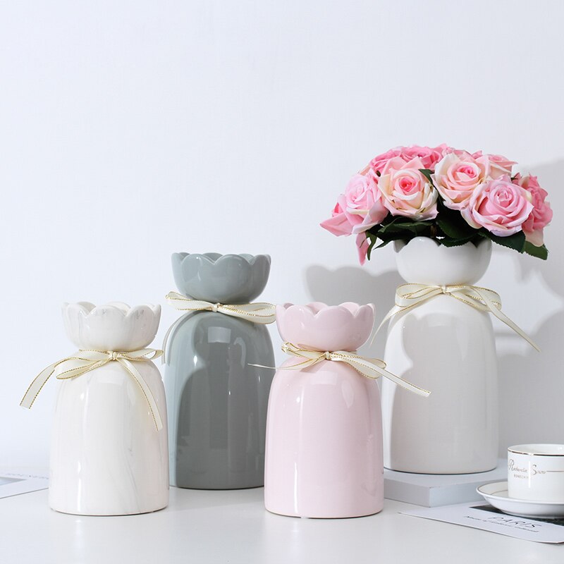 European-style creative ribbon ceramic vase dining room table dry flower arrangement table top decoration at home - V.I.P Digital Presence