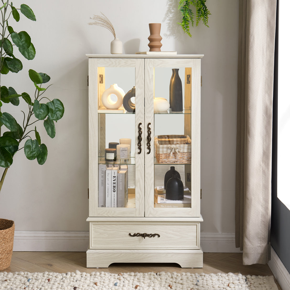 Light colored glass cabinet Curio display cabinet with adjustable glass frame, 2 doors and 1 drawer, including white light bulbs - V.I.P Digital Presence