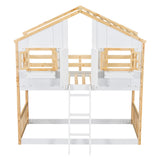 Twin over Twin House Bunk Bed with Roof , Window, Window Box, Door , with Safety Guardrails and Ladder, Natural/White - V.I.P Digital Presence