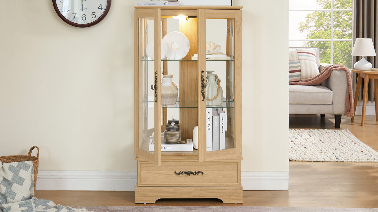Light colored glass cabinet with adjustable glass frame, including cabinet light bulbs OAK with 2 doors and 1 drawer - V.I.P Digital Presence