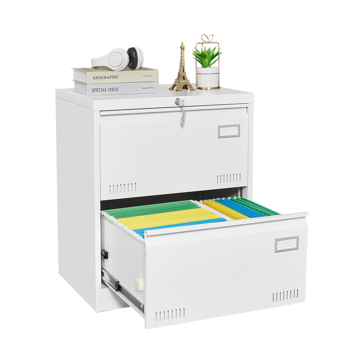 Horizontal file cabinet, 2 drawers, white file cabinet with lock, metal file cabinet with lock, 3 drawers, legal office cabinet - V.I.P Digital Presence