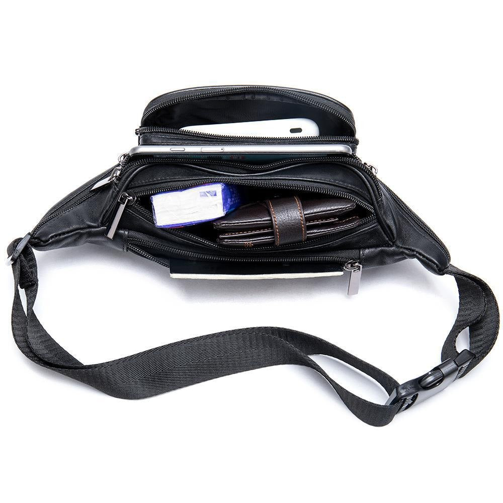 Men's sheepskin waist bag outdoor black mobile phone sheepskin bag leisure sports crossbody chest bag - V.I.P Digital Presence