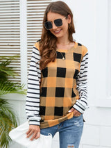 Plaid Striped Round Neck Long Sleeve T-Shirt - V.I.P Digital Presence