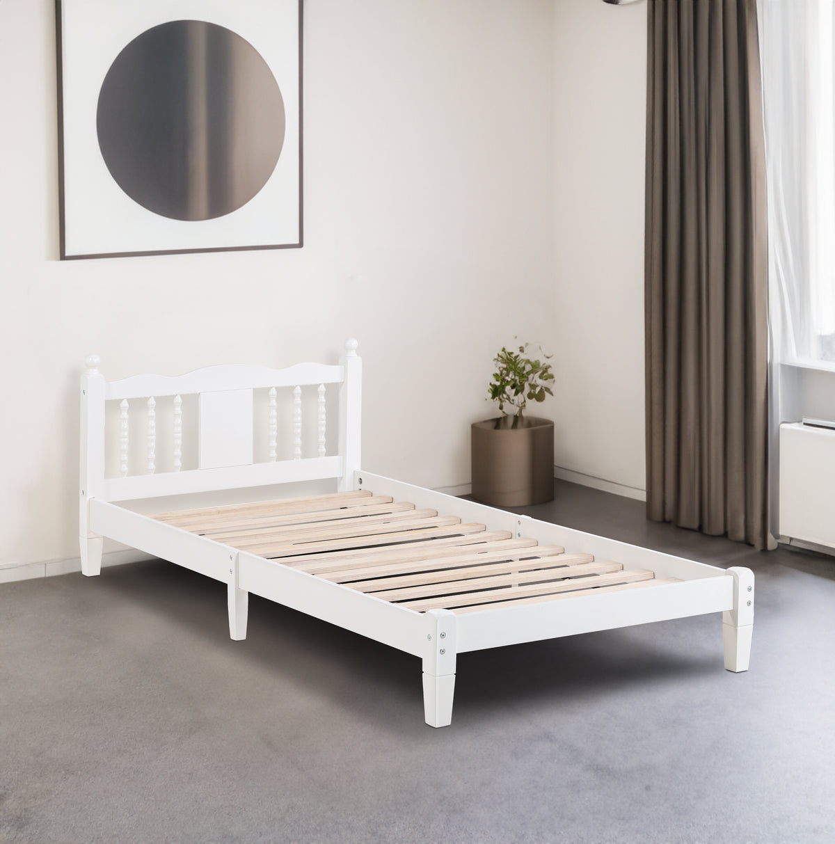 Twin Bed with Column-Decoration Headboard, with Bed Slats,White - V.I.P Digital Presence