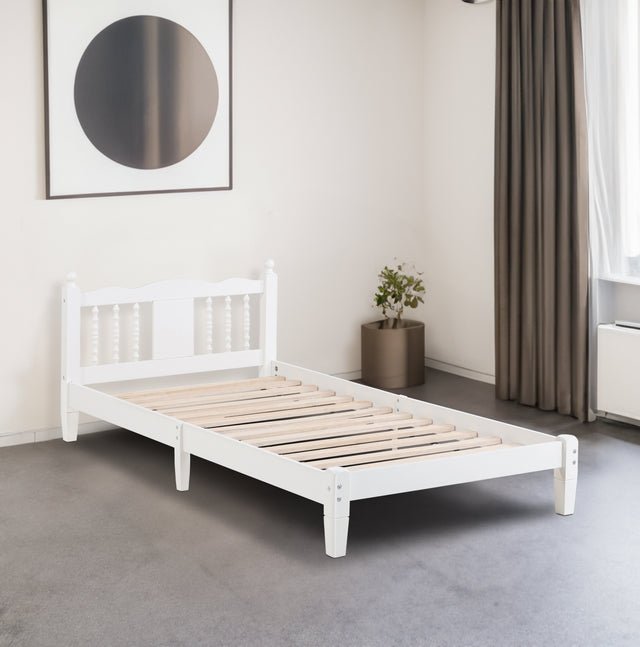 Twin Bed with Column-Decoration Headboard, with Bed Slats,White - V.I.P Digital Presence