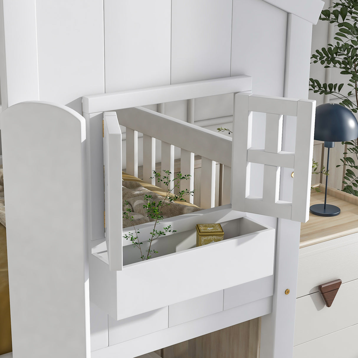 Twin over Twin House Bunk Bed with Roof , Window, Window Box, Door , with Safety Guardrails and Ladder,White - V.I.P Digital Presence